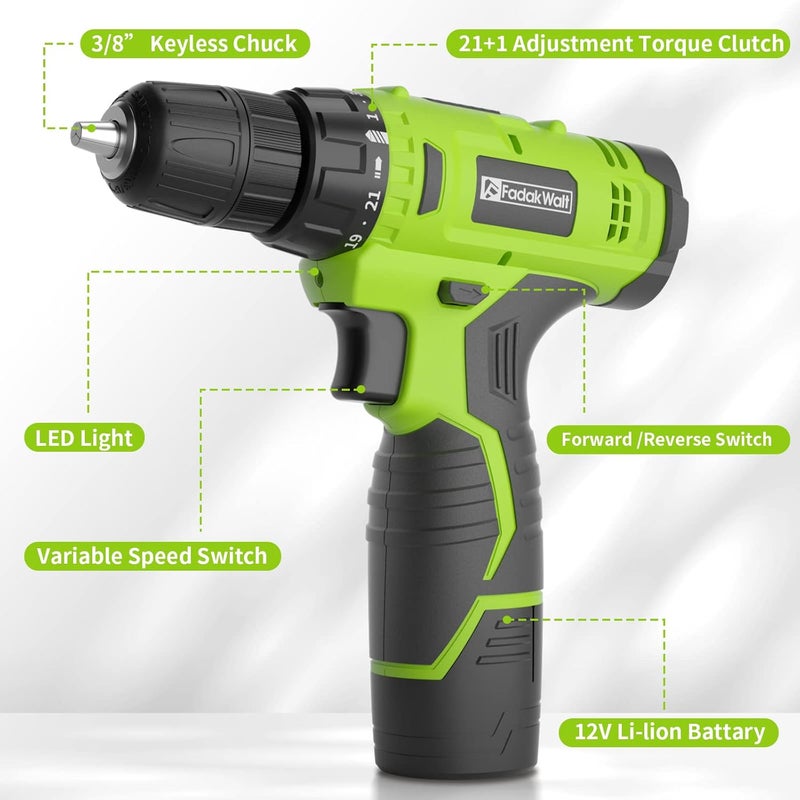 FADAKWALT Cordless Drill Set,12V Power Drill Set with Battery and Charger, Electric Driver/Drill Bits, 3/8'' Keyless Chuck,21+1 Torque Setting, 180 inch-lbs, with LED Electric Drill Set (Green) - Image 2